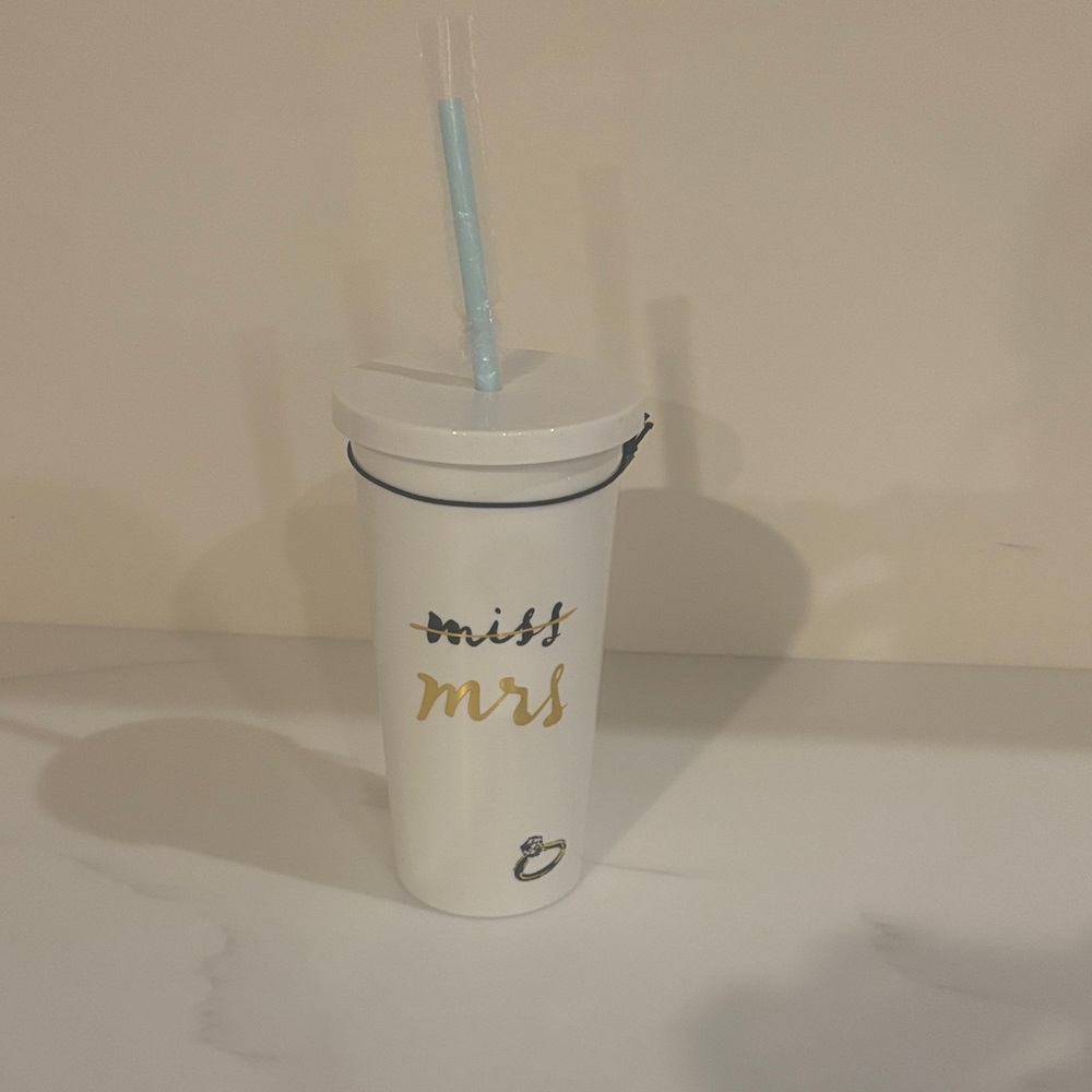Kate Spade White and Gold Tumbler with Blue Straw
